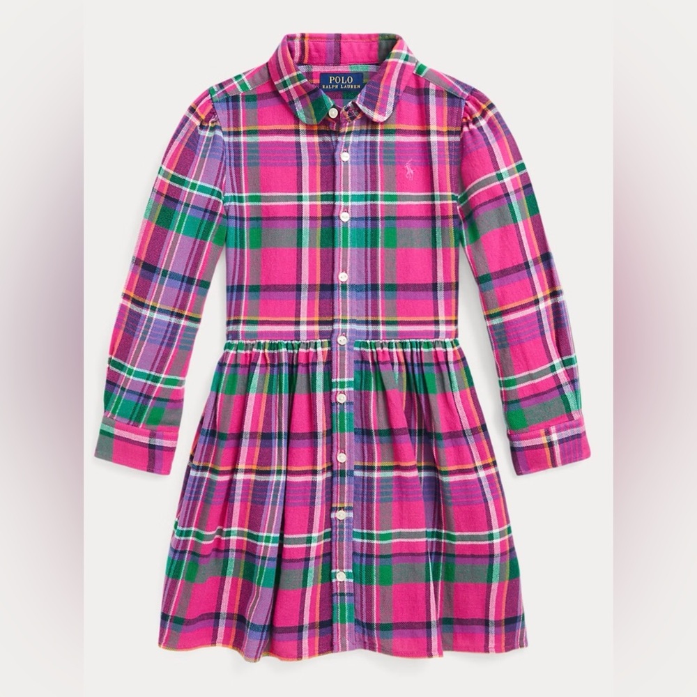 NWT Polo by Ralph Lauren Girls Pink Green Plaid Cotton Shirt Dress - Picture 4 of 6